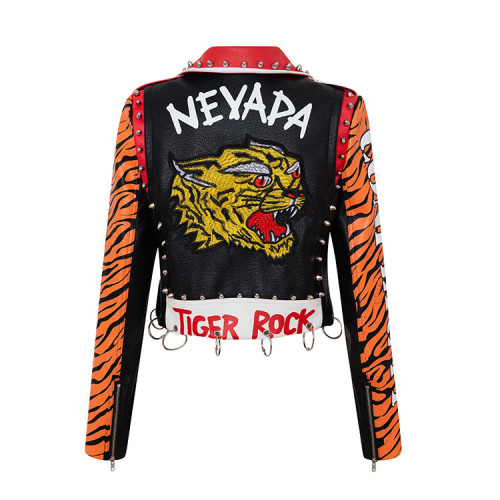 Unique Rivet Studded Women Graffiti Print Tiger stripes Pu Leather biker Jacket for ladies