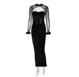 Fall New Maxi Dress Sexy Club Plush Mesh Patchwork cuff Dress Fashion Turtleneck Long Sleeve Hollow Out Bodycon Slim Dress