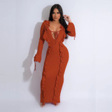 Hot Sale Lace Up Ruffle Dresses Women Fashion Sexy Soild Lady Elegant Maxi Casual Dress Winter Fall Clothes For Woman