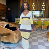 Avinie Winter Hot Sale Women Clothing Splicing Bodycon Dress Long Sleeves Midi Knitted Dress