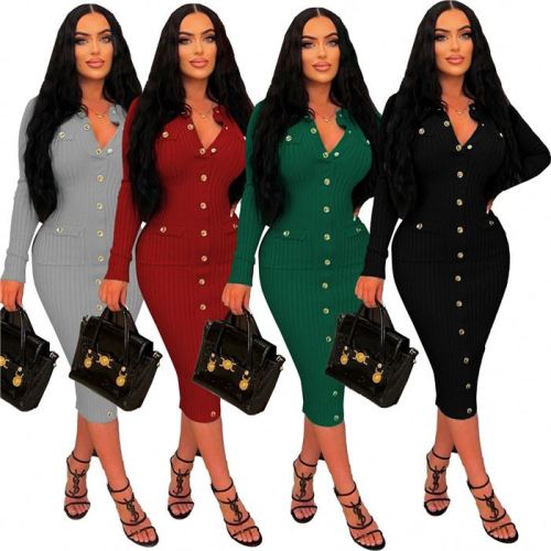 T1037-casual long sleeve knitted dresses women single-breasted elegant maxi career dress