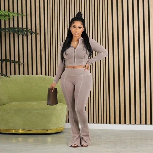 8148C Women's Set Long Sleeve Hooded Jacket And Slit Flare Legging Pants 2023 Yoga Sweatsuit Two 2 Piece Set Outfit Tracksuit