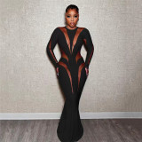 Summer New Long Sleeve Round Neck See Through Solid Color Sexy Dress Slim bodycon Sexy Women's Dresses