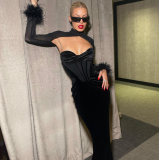 Fall New Maxi Dress Sexy Club Plush Mesh Patchwork cuff Dress Fashion Turtleneck Long Sleeve Hollow Out Bodycon Slim Dress