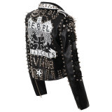 Motorcycle Punk Rocker Print Studded Rivets blouson Biker Racer Leather Crop Jacket With Embroidery Patches For Women