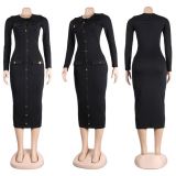 T1037-casual long sleeve knitted dresses women single-breasted elegant maxi career dress