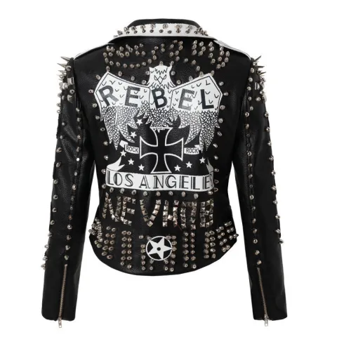 Motorcycle Punk Rocker Print Studded Rivets blouson Biker Racer Leather Crop Jacket With Embroidery Patches For Women