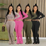 8148C Women's Set Long Sleeve Hooded Jacket And Slit Flare Legging Pants 2023 Yoga Sweatsuit Two 2 Piece Set Outfit Tracksuit