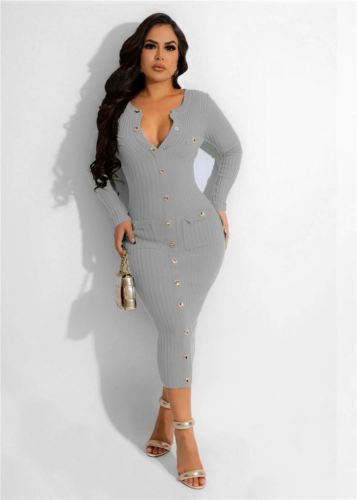 T1037-casual long sleeve knitted dresses women single-breasted elegant maxi career dress