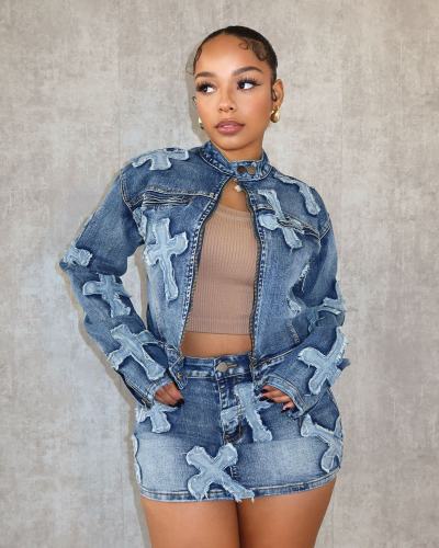 Fall  women clothes two piece sexy denim shorts jackets set for women