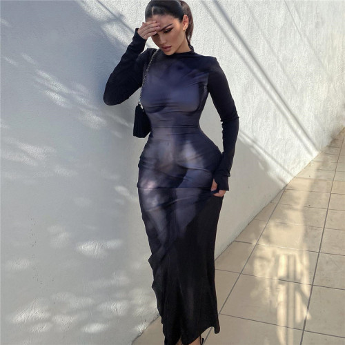 0 Sexy and unique high street fashionable women's dress 3D Body Print Full Sleeve Unique Body-Shaping Maxi Dress