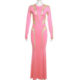 Summer New Long Sleeve Round Neck See Through Solid Color Sexy Dress Slim bodycon Sexy Women's Dresses