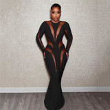 Summer New Long Sleeve Round Neck See Through Solid Color Sexy Dress Slim bodycon Sexy Women's Dresses