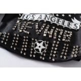 Motorcycle Punk Rocker Print Studded Rivets blouson Biker Racer Leather Crop Jacket With Embroidery Patches For Women