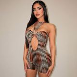 Women Sexy Sleeveless Halter Hollow Out Rompers Streetwear Print Jumpsuits