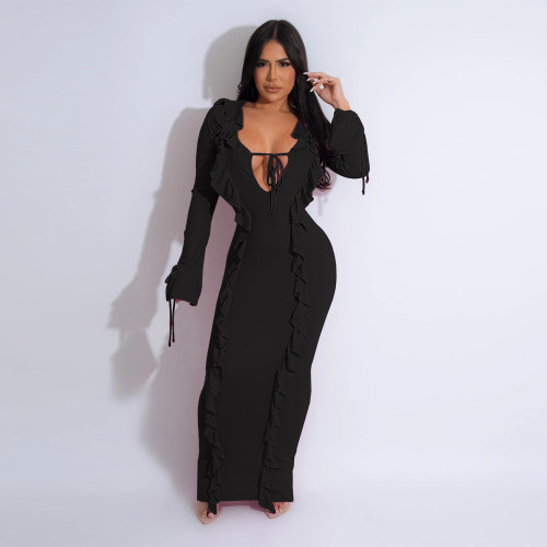 Hot Sale Lace Up Ruffle Dresses Women Fashion Sexy Soild Lady Elegant Maxi Casual Dress Winter Fall Clothes For Woman