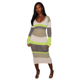 Avinie Winter Hot Sale Women Clothing Splicing Bodycon Dress Long Sleeves Midi Knitted Dress