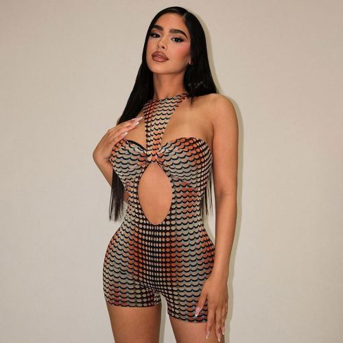 Women Sexy Sleeveless Halter Hollow Out Rompers Streetwear Print Jumpsuits