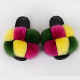 New cross-border fox fur ball slippers, summer beach flip flops, fashionable women's European and American fur sandals, women's foreign trade