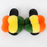 New cross-border fox fur ball slippers, summer beach flip flops, fashionable women's European and American fur sandals, women's foreign trade