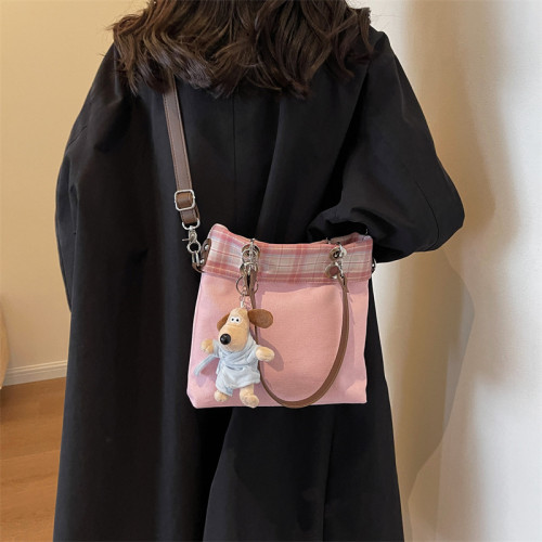 New Autumn Canvas Small Bag Korean Edition Fashion Checkered Simple Casual Women's Handheld Crossbody Tote Bag