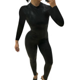 Cross border Autumn New Women's Solid Color PU Imitation Leather Pleated Snake Pattern Slim Fit Long Sleeve Wrapped Hip jumpsuit