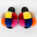 New cross-border fox fur ball slippers, summer beach flip flops, fashionable women's European and American fur sandals, women's foreign trade