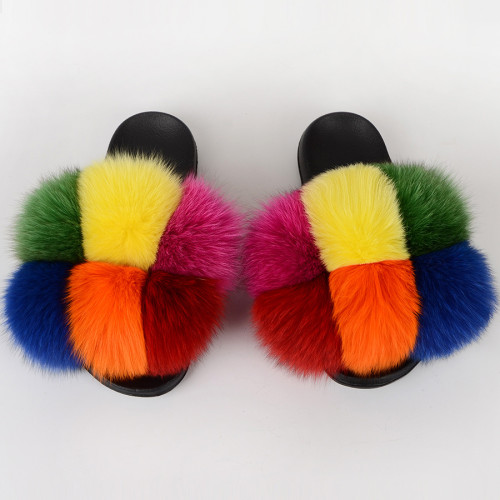 New cross-border fox fur ball slippers, summer beach flip flops, fashionable women's European and American fur sandals, women's foreign trade