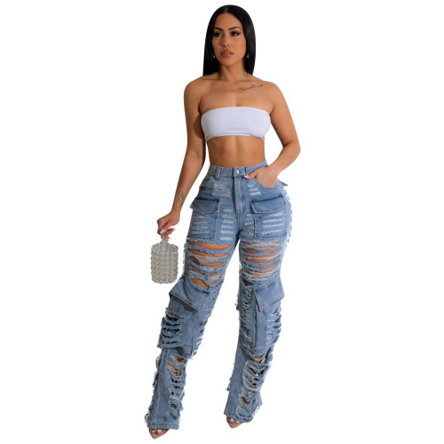 Cross border supply of new European and American women's clothing Instagram, fashionable, sexy, distressed, washed work bag jeans