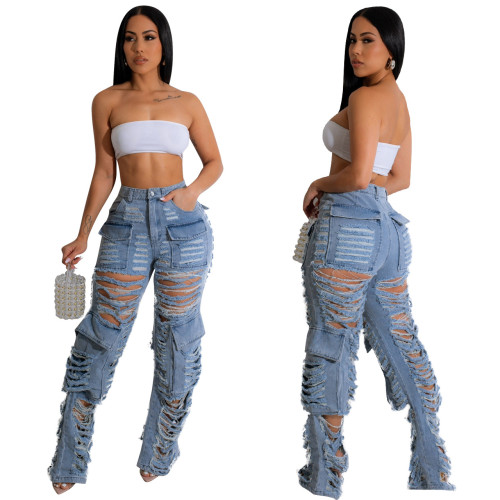 Cross border supply of new European and American women's clothing Instagram, fashionable, sexy, distressed, washed work bag jeans