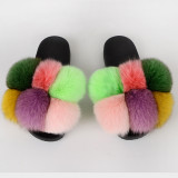 New cross-border fox fur ball slippers, summer beach flip flops, fashionable women's European and American fur sandals, women's foreign trade