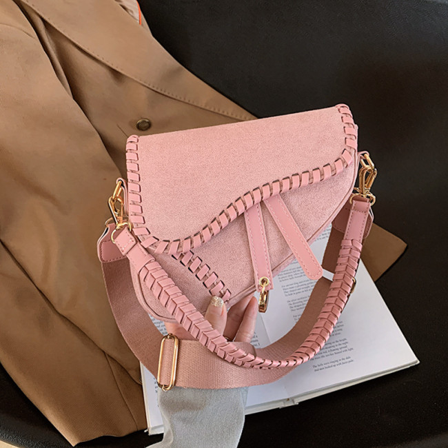 Western Style Women Crossbody Bag Retro Suede Shoulder Purses Weave Border Saddle Handbags Fashion Wide Strap Messenger Bags