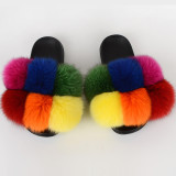 New cross-border fox fur ball slippers, summer beach flip flops, fashionable women's European and American fur sandals, women's foreign trade