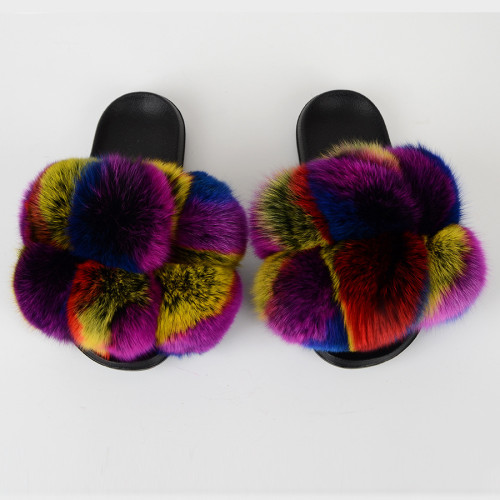 New cross-border fox fur ball slippers, summer beach flip flops, fashionable women's European and American fur sandals, women's foreign trade