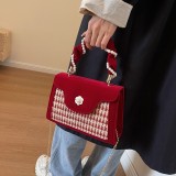 Autumn and winter woolen small bag for women's new Korean version fashionable color blocking ins small fragrant pearl shoulder tote bag