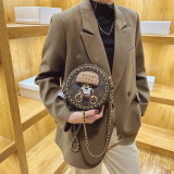This year's popular new European and American fashion retro texture Instagram cartoon bear shoulder small round bag PU