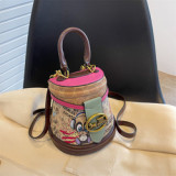 Lady's hand-held horseshoe button vintage bucket bag Korean style bright diamond diagonal box bag