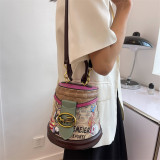 Lady's hand-held horseshoe button vintage bucket bag Korean style bright diamond diagonal box bag