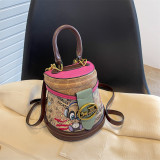 Lady's hand-held horseshoe button vintage bucket bag Korean style bright diamond diagonal box bag