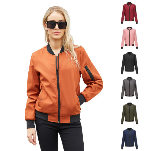 Spring and Autumn New Thin Flying Jacket Women's European and American Leisure Long sleeved Coat Women's Loose Standing Neck Baseball Coat