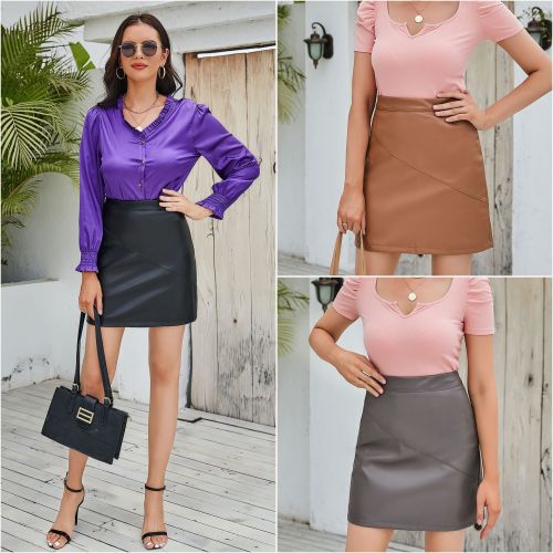 New European PU leather skirt with elastic and stretchable half skirt, summer European and American women's leather short skirt, cross-border women's clothing