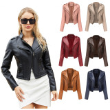 New slim fit long sleeved spring and autumn leather jacket for women with rivets, popular short jackets in Europe and America, zippered leather jacket
