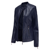 New fashionable women's leather jacket PU leather short jacket stand up collar jacket women's spring and autumn thin leather jacket navy blue leather jacket