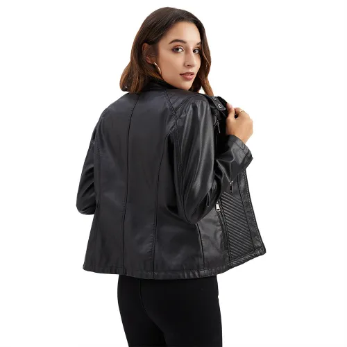 New women's casual leather jacket with standing collar, European and American slim fit jacket, women's spring and autumn solid color leather jacket
