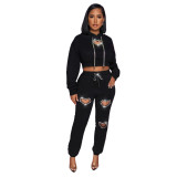 Cross border European and American women's fashion autumn and winter heart-shaped hollow hot diamond hoodie and pants two-piece set