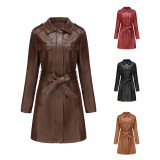 New European and American mid length leather jacket with belt, spring and autumn long sleeved leather windbreaker, fashionable British coat for women