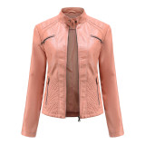 New women's casual leather jacket with standing collar, European and American slim fit jacket, women's spring and autumn solid color leather jacket