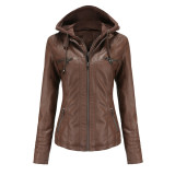 European and American cross-border hooded leather jacket two-piece set with detachable large leather jacket for women's spring and autumn jackets, PU washed leather for women