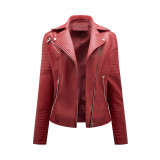 Spring and Autumn Short Leather Coat Women's European Size Slim Fit Flip Collar Motorcycle Suit Oblique Zipper Jacket Amazon Women's Coat