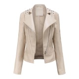 European size women's beaded leather jacket, long sleeved fashionable jacket, lapel motorcycle jacket, thin spring and autumn women's jacket